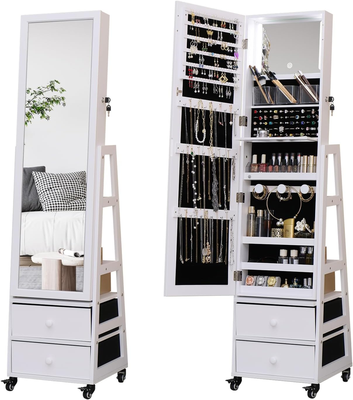 Full Length Mirror Jewelry Armoire with LED Lights, Lockable Mirror with Jewelry Storage, 360° Swivel Mirror Jewelry Cabinet Standing