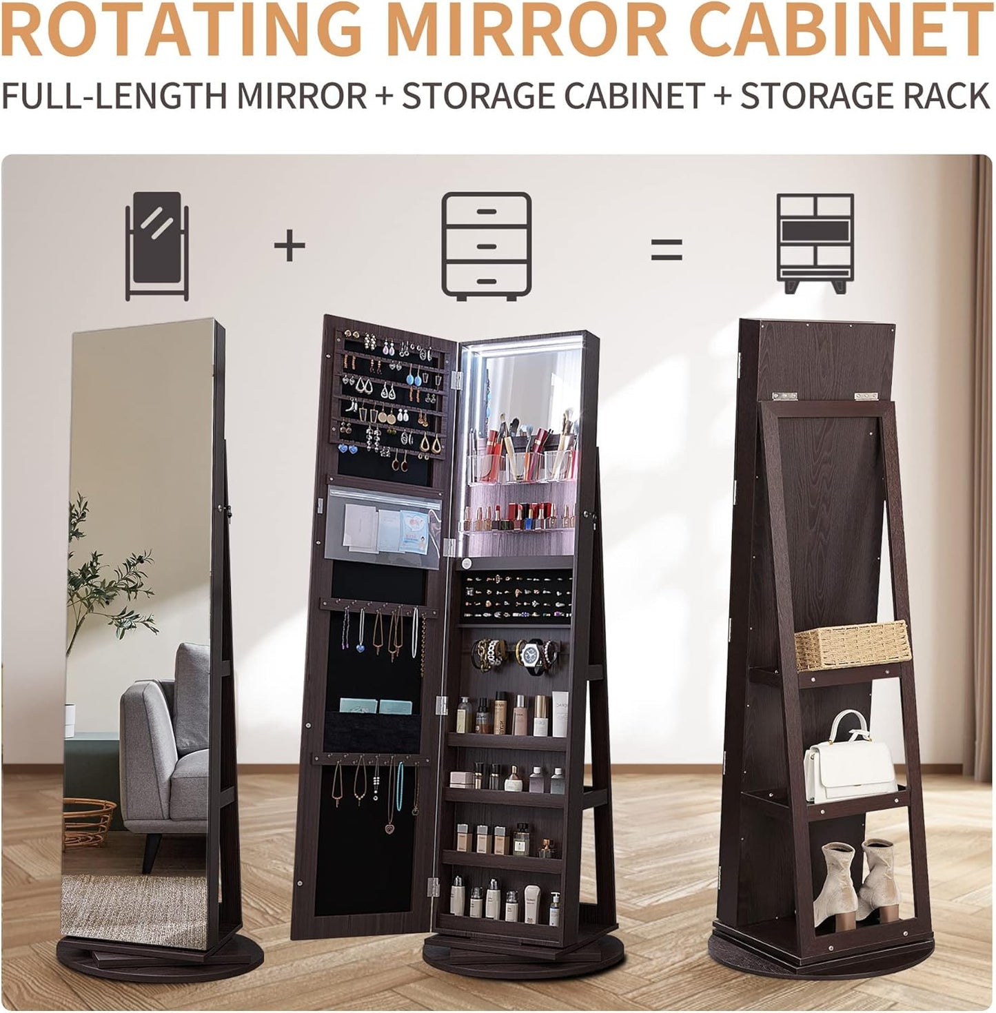 Full Length Mirror Jewelry Armoire with LED Lights, Lockable Mirror with Jewelry Storage, 360° Swivel Mirror Jewelry Cabinet Standing