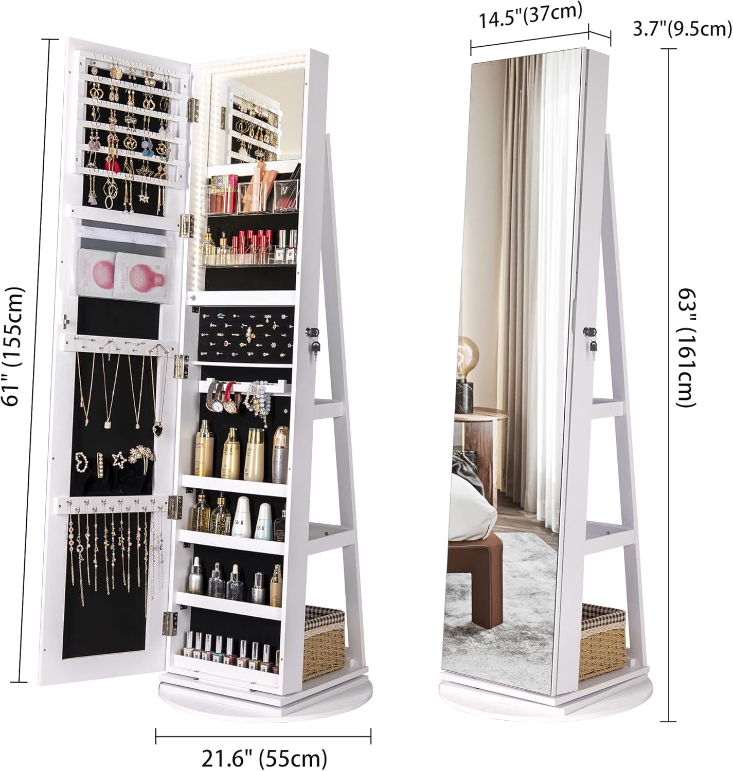 Full Length Mirror Jewelry Armoire with LED Lights, Lockable Mirror with Jewelry Storage, 360° Swivel Mirror Jewelry Cabinet Standing