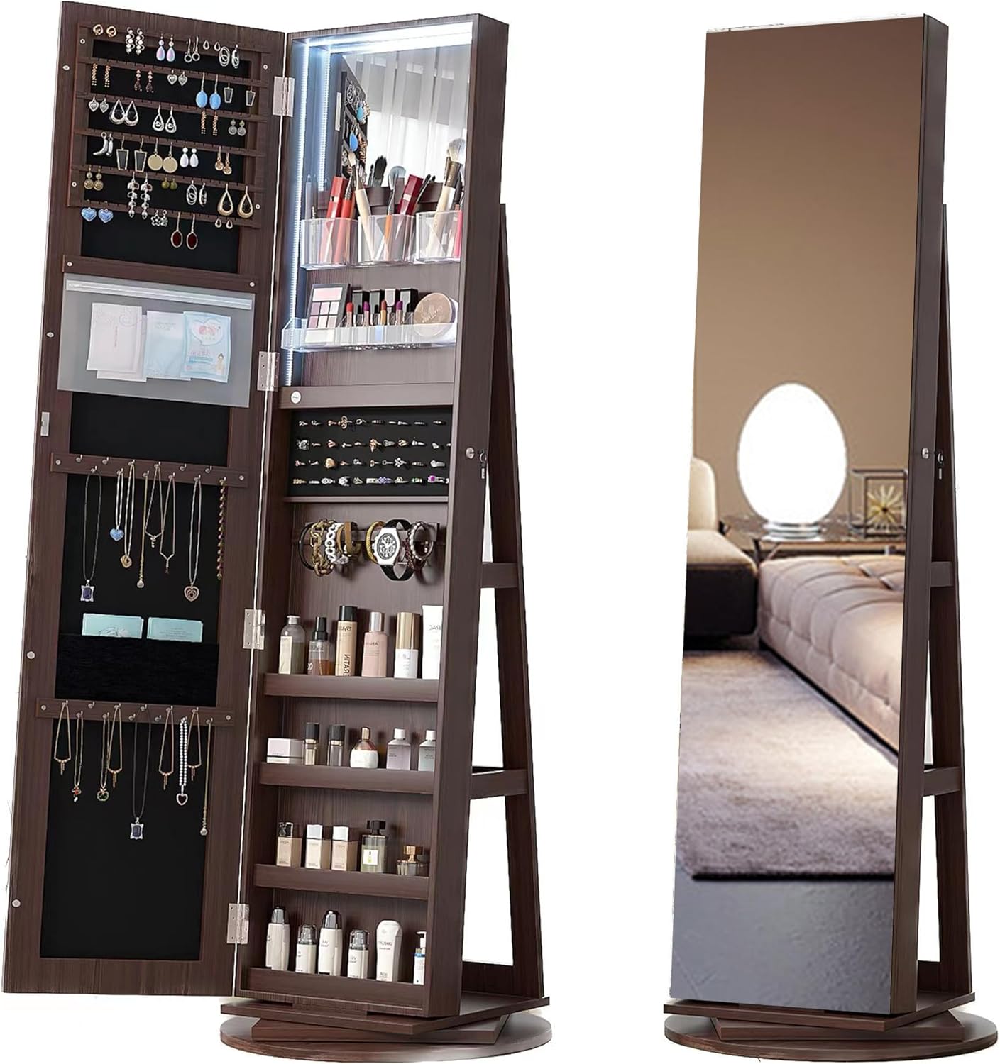 Full Length Mirror Jewelry Armoire with LED Lights, Lockable Mirror with Jewelry Storage, 360° Swivel Mirror Jewelry Cabinet Standing