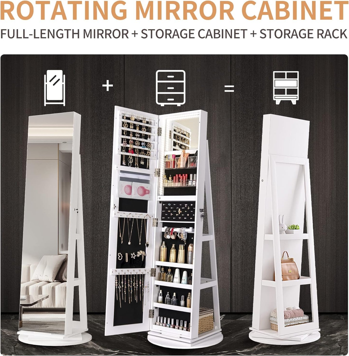 Full Length Mirror Jewelry Armoire with LED Lights, Lockable Mirror with Jewelry Storage, 360° Swivel Mirror Jewelry Cabinet Standing